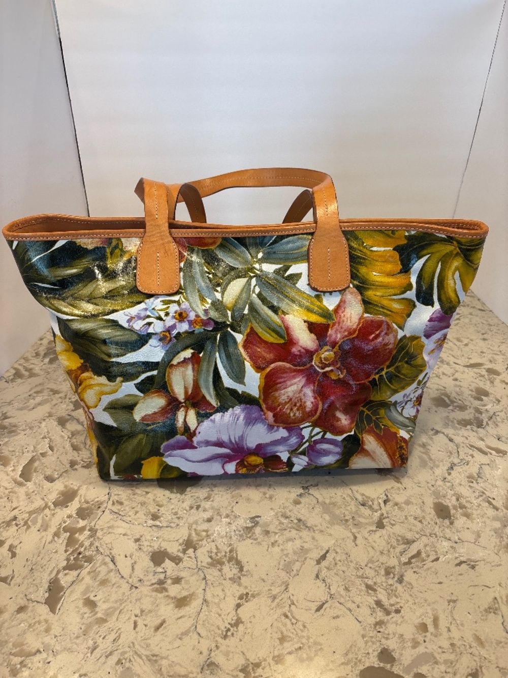 Maurizio Taiuti Italian Glazed Leather Orchid Floral Print Tote Handbag